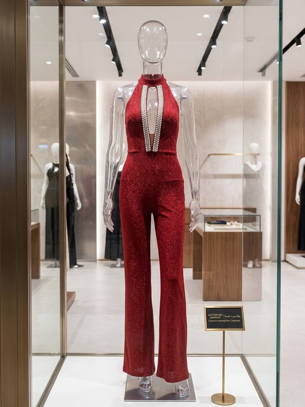 Red Halter Jumpsuit with Plunge Neckline